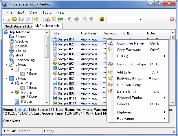 ตัวอย่างหน้าจอ KeePass